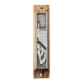 Front view mezuzah olive wood with enamel Western Wall design